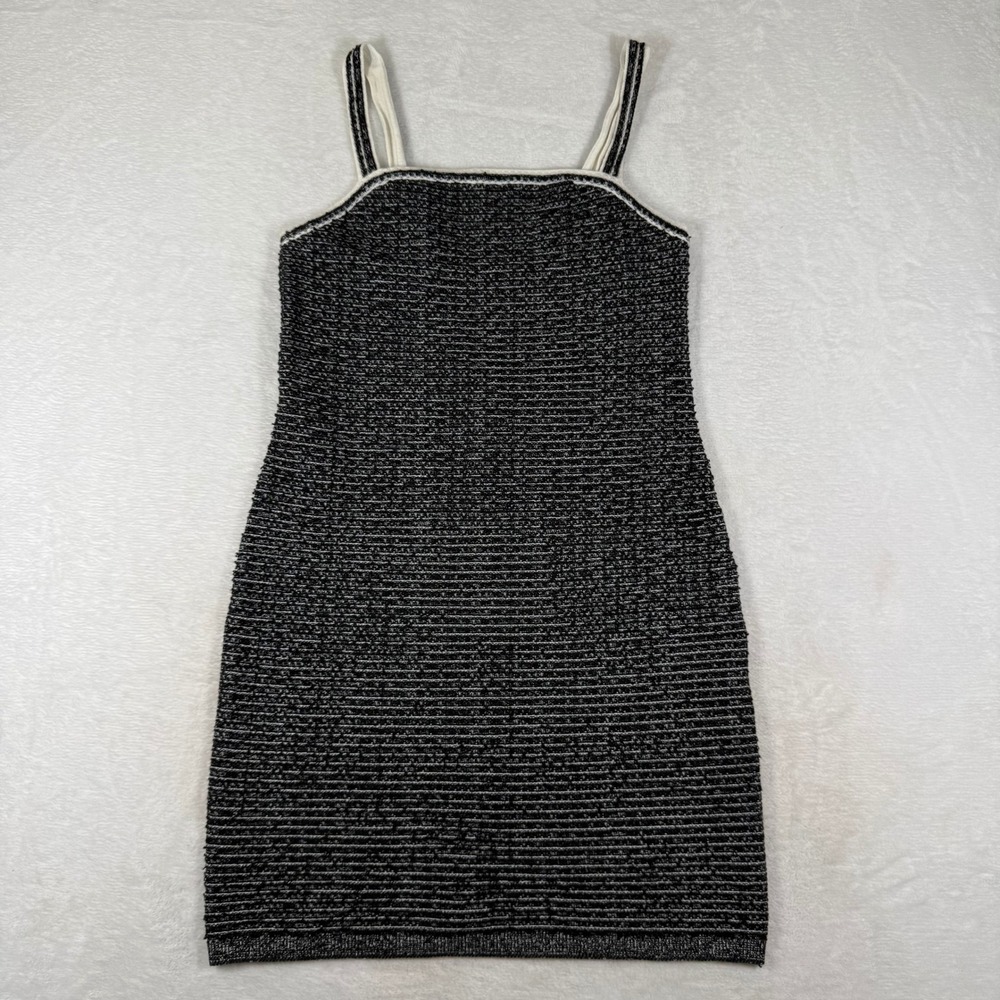 Paola Bernardi Black White Knit Mini Dress Square Neck Spaghetti Strap Medium